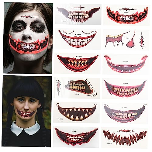 PLAFOPE 12sätze Lifelike Halloween Gesicht Tattoos Aufkleber Für Kostümparty Und Halloween Feiern Hautfreundliche Temporäre Tattoos Für Spaß Und Kreativität von PLAFOPE