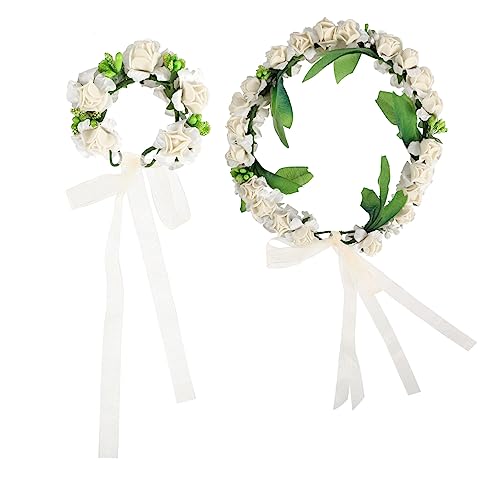 PLAFOPE 2st Mädchen Stirnband Kranz Haarband Blumenmädchen Blumenkrone Rosenstirnbänder Mädchen Anzug Blumenstirnband Rustikaler Blumenkranz Handbuch Brautjungfer Haarschmuck Weiß von PLAFOPE