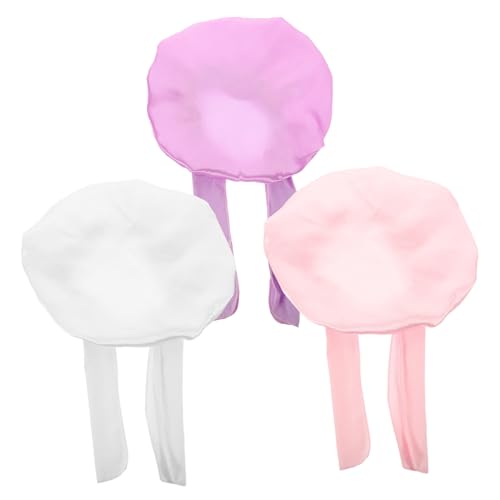 PLAFOPE 3 Stück Badekappe aus Weichem Satin mit Elastischem Wiederverwendbare Duschhaube für Langes Haar Schlafmütze für Junge Mädchen in Weiß Rosa und Lila Komfortabel und Hautfreundlich von PLAFOPE