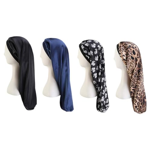 PLAFOPE 4stücke Schlafmütze Damen Mit Druck Haarschutz Kopfwickelmütze Haar-accessoire Für Frauen Bequeme Mit Stretchfunktion Schwarz Marineblau Schwarze Schleife Leopard von PLAFOPE