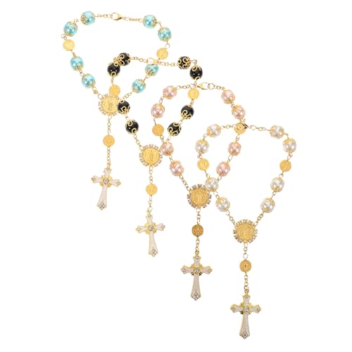 PLAFOPE 4 Stück Teiliges Rosenkranz Armband mit Kreuzanhänger Handgefertigte Perlen in Fünf Farben Vielseitig als Armband oder Autoanhänger Langlebig und Sicher Religiöser Schmuck für von PLAFOPE