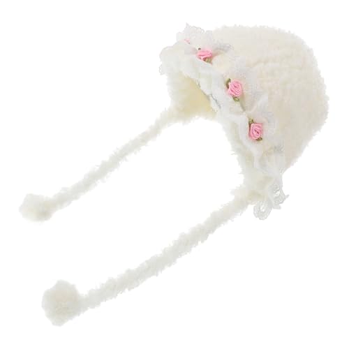 PLAFOPE Baby Mädchen Mütze Taufe Mütze Mütze Gestrickte Kleinkinder Mütze Prinzessin Blumenmütze Plüsch Warme Mütze Für Kleinkinder Mädchen Weiß von PLAFOPE