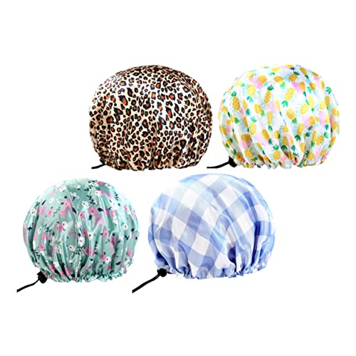 PLAFOPE 4stücke Teiliges Duschhaube Für Frauen Elastisch Für Haare Beim Baden Make-up Und Gesichtsreinigung Verschiedenen Designs Leopardenmuster Ananas Kariert Grüne Blumen von PLAFOPE