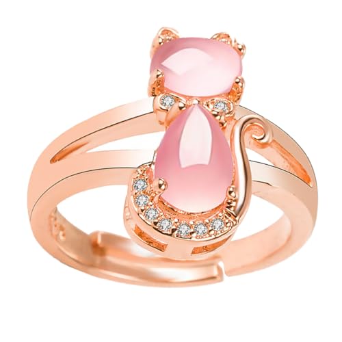 PLAFOPE Stilvoller Offener Damenring Roségold mit Katzenmotiv und Funkelnden Strasssteinen Verstellbar Modisches Accessoire für und Vielseitige Outfits von PLAFOPE