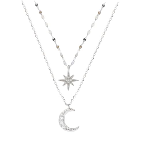 PLAFOPE Verstellbare Mehrschichtige Choker Halskette Damen mit Funkelnden Strass Stern und Mondanhänger Lange Silberkette Eleganter Schmuck für Alltag und Besondere Anlässe von PLAFOPE