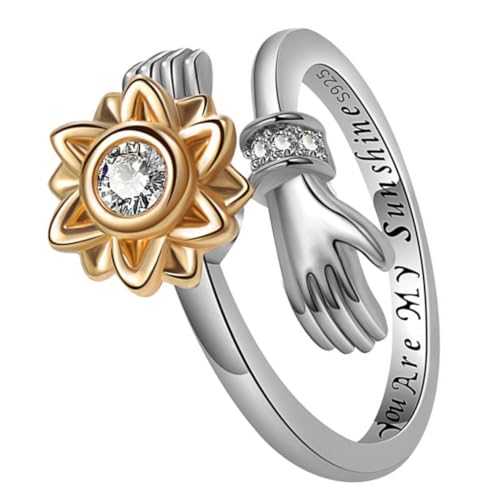 PLAFOPE Verstellbarer Sonnenblumenring Damen Schmuck Drehbarer Umarmungsring aus Silber Einstellbarer Ring für Mädchen Geschenk für Geburtstag Hochzeit Alltag und Partys von PLAFOPE