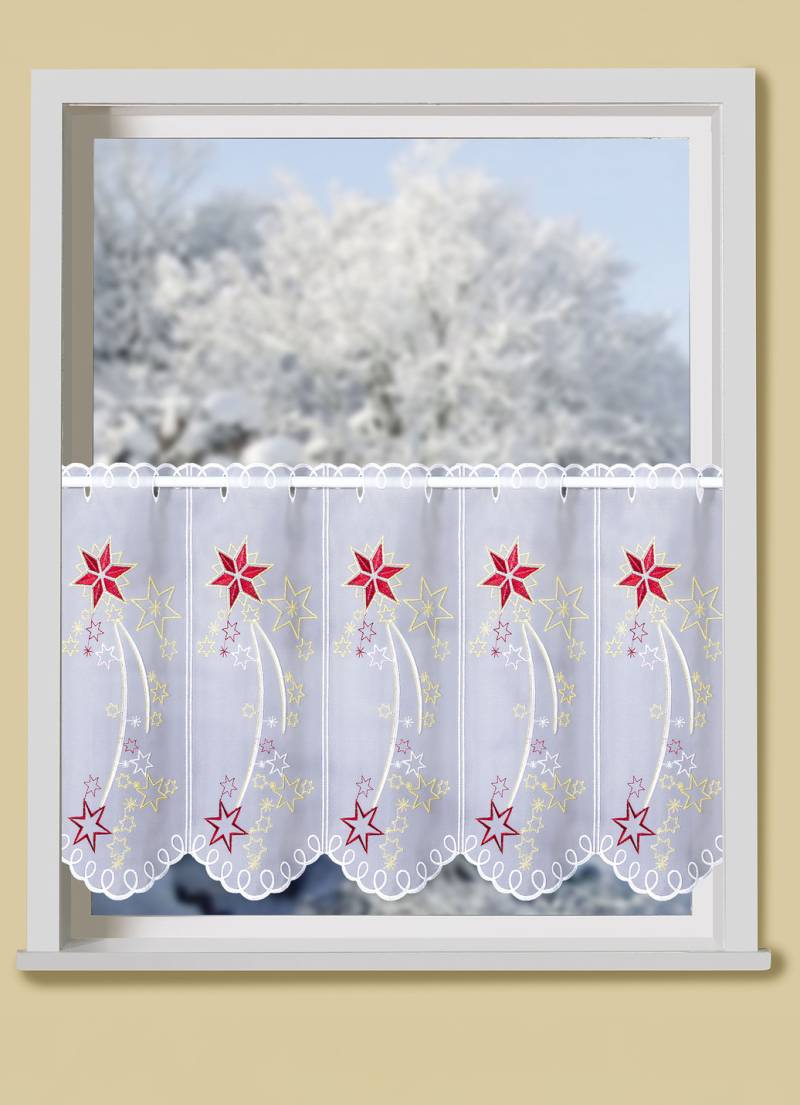 Kurzstore mit echter Plauener Stickerei und metallisiertem Garn, Größe 789 (H45xB128 cm), Weiss-Rot-Gold von PLAUENER STICKEREI