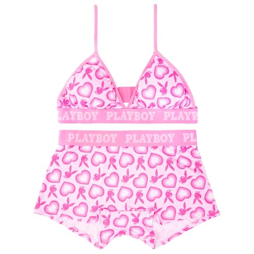 PLAYBOY Damen Amazon Exclusive Juniors Ladies Bunny Print Underwear and Bra Sets in Sizes XXS-XL Slips für Jungen, 2er-Pack rosa Häschen und Herzen, Medium von PLAYBOY