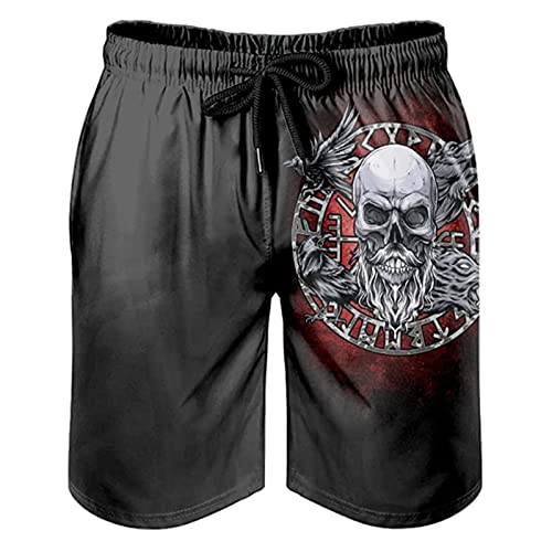 PLAYBOYSJ Badehose Für Herren, Strandshorts, Wikinger-Schädel, Runen, Rabenwolf, Modisches Muster, Netzfutter Mit Tasche Mit Kordelzug (Color : Black, Size : XL) von PLAYBOYSJ