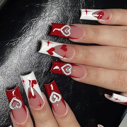24 Pcs Long Coffin Press Auf Nails Square Designs Mit 3D Charme Full Covers Valentinstag Geschenk Für Frauen Und Mädchen von PLCPDM