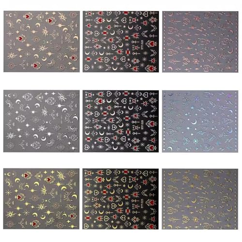 9 Blatt Bronzing Nails Art Aufkleber Star Moon Nails Aufkleber 3D Nails Decals Nails Art Dekorationen Maniküre Aufkleber von PLCPDM