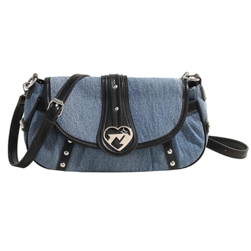 Denims Umhängetasche für Damen, modisch, Punk, Nieten, Handtasche, Herzschnalle, kleine Umhängetasche, dunkelblau von PLCPDM