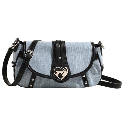 Denims Umhängetasche für Damen, modisch, Punk, Nieten, Handtasche, Herzschnalle, kleine Umhängetasche, hellblau von PLCPDM