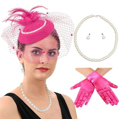 PLCPDM 1 Set Damen-Haarreifen aus Netzstoff mit Schleier und Hut, mit Perlenohrringen, Halskette und Handschuhen, Halloween, Cosplay, Abschlussball, Partyzubehör für Damen von PLCPDM