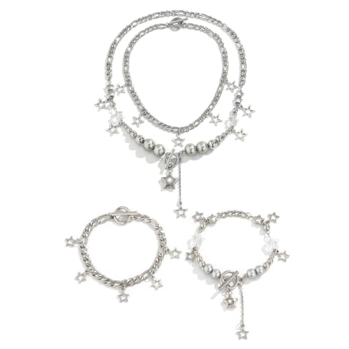 PLCPDM 2 Stück/Set mehrschichtige Stern-Anhänger-Halskette für Damen, ästhetische Perlenquasten, Choker, Punk, Schlüsselbeinkette, Armband, Schmuck, Siehe Abbildung von PLCPDM