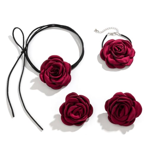 PLCPDM 3-teiliges Set, elegante Kordelkette zum Schnüren, Halskette für Damen und Mädchen, große Blumen-Anhänger, Charm-Halskette, Armband und Ohrringe, Siehe Abbildung von PLCPDM