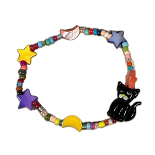 PLCPDM Bohemian-Perlen-Halskette, Cartoon-Design, niedliches Katzenkopf-Armband, bunt, kurze Harz-Halskette, Sommer-Stern-Mond-Halskette, Schmuck, Siehe Abbildung von PLCPDM