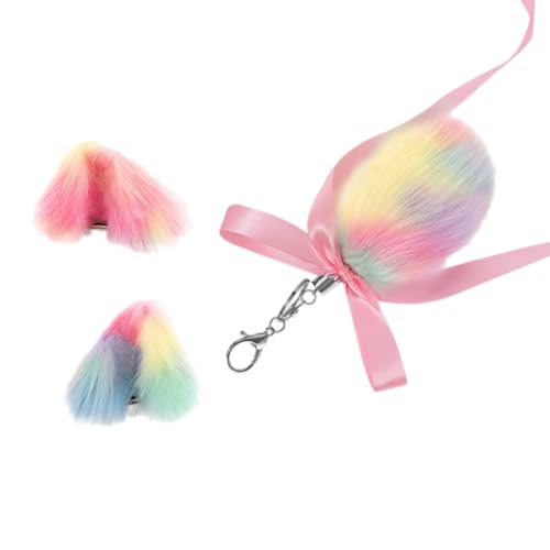 PLCPDM Buntes Ohr-Haarspange mit Schwanz, Schlüsselanhänger-Set, modische Schlüsselverzierung, Katzenohr-Haarspange, Cosplay-Spielzeug, perfektes Geschenk für Frauen und Mädchen von PLCPDM