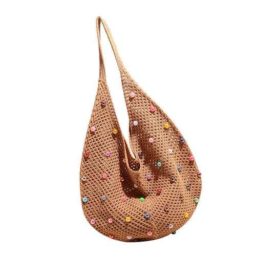 PLCPDM Damen-Achseltasche, Strandtasche, modische Schulter mit farbigen Perlen, gestrickt, ästhetisch, Achselhöhlen, Damen, Strand, gehäkelt, Achselmode, Handtasche, ästhetische Schulter, khaki, One von PLCPDM