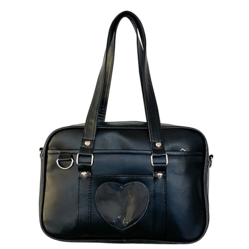 PLCPDM Damen-Umhängetasche aus Polyurethan, niedlich, japanische Handtasche, Kuriertasche, große Kapazität, Schultasche, Animes, Herz, Crossbody-Tasche, Schwarz von PLCPDM