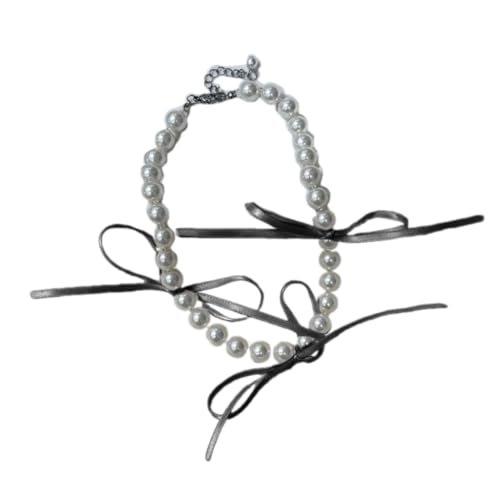 PLCPDM Elegante Schleife, kurzes Halsband, Halskette, Perlen-Choker, schlichtes Schlüsselbein-Kette, modischer Halsschmuck, Statement-Schmuck, Wie abgebildet von PLCPDM