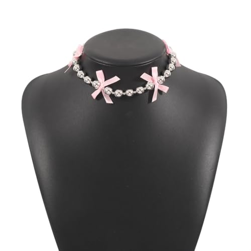 PLCPDM Elegante Schleifen-Perlen-Halskette, Metall, runde Perlen, Schmetterlingsknoten, Schlüsselbeinkette, zierlicher Choker-Schmuck für Frauen und Mädchen, Wie abgebildet von PLCPDM