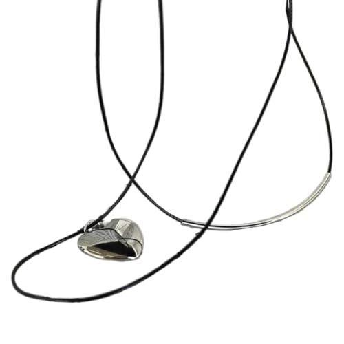 PLCPDM Halskette mit Herzanhänger, verstellbare Länge, Schlüsselbeinkette, doppellagig, Lederschnur, Silberrohr-Dekoration, Wie abgebildet von PLCPDM