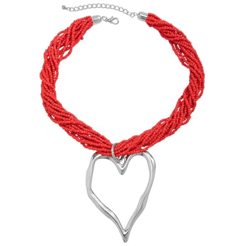 PLCPDM Halskette mit großem Herzanhänger aus Metall, mehrschichtige Perlen, Choker, einfache Schlüsselbeinkette, modischer Halsschmuck, rot, Wie abgebildet von PLCPDM