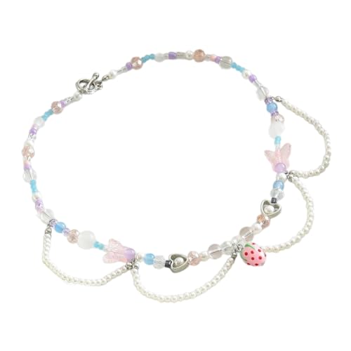 PLCPDM Handgefertigte Perlen-Erdbeer-Halskette für Damen, süße Schmetterlings-Ohrringe, Schlüsselbeinkette, Hochzeit, Party, ästhetischer Schmuck, Wie abgebildet von PLCPDM