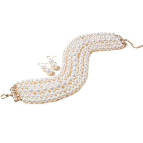 PLCPDM Mehrschichtige Perlenkette und baumelnde Ohrringe, Vintage-Imitationsperle, Choker-Halskette, mehrsträngiger Perlen-Choker-Schmuck, Siehe Abbildung von PLCPDM