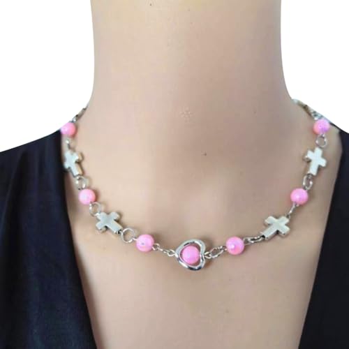 PLCPDM Modische Damen-Halskette, Schmuck, schöne Perlen-Halskette mit Herz und Kreuz-Anhänger, für Partys und Versammlungen, Wie abgebildet von PLCPDM