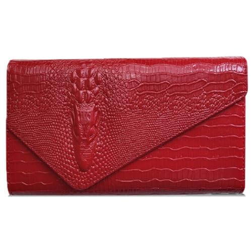 PLCPDM Modische lange Damen-Geldbörse, PU-Leder, Alligator-Muster, Geldbörse mit abnehmbarer Kette, Abendtasche, Umhängetasche, rot von PLCPDM