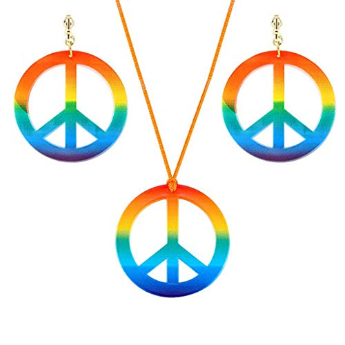 PLCPDM Modisches Hippie-Kostüm-Schmuck-Set, 60er-/70er-Jahre, Regenbogen-Friedenszeichen, Anhänger, Halskette, Ohrringe, Dekoration für Freundin, Schwester, Siehe Abbildung von PLCPDM