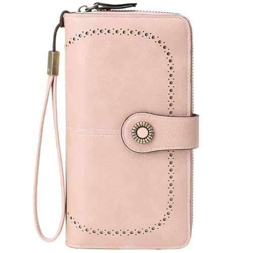 PLCPDM PU-Leder-Geldbörsen für Damen, Schutzbrieftasche, lange Geldbörsen, großes Fassungsvermögen, Geldbörse mit abnehmbarer Handschlaufe, rose von PLCPDM