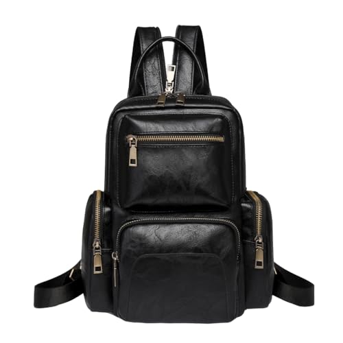 PLCPDM PU-Leder-Rucksack für Damen, Studenten, Schule, Büchertaschen, einfacher Tagesrucksack, kleiner Rucksack, modischer Reiserucksack, Schultertasche, Schwarz von PLCPDM