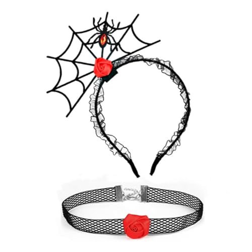PLCPDM Punk Spinnennetz Form Haarband und Cosplay Spitze Choker Set Halloween Zubehör für Frauen Mädchen Karneval Party Supplies von PLCPDM