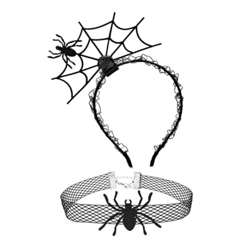 PLCPDM Punk Spinnennetz Form Haarband und Cosplay Spitze Choker Set Halloween Zubehör für Frauen Mädchen Karneval Party Supplies von PLCPDM