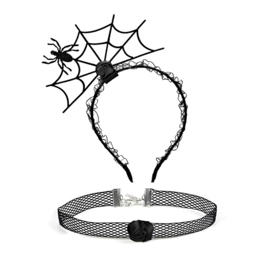 PLCPDM Punk Spinnennetz Form Haarband und Cosplay Spitze Choker Set Halloween Zubehör für Frauen Mädchen Karneval Party Supplies von PLCPDM