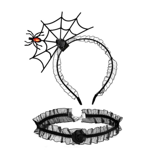 PLCPDM Punk Spinnennetz Form Haarband und Cosplay Spitze Choker Set Halloween Zubehör für Frauen Mädchen Karneval Party Supplies von PLCPDM