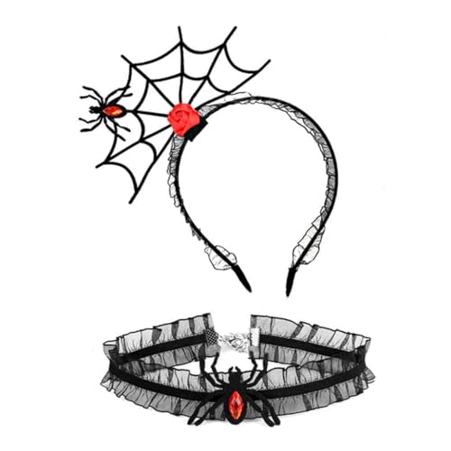PLCPDM Punk Spinnennetz Form Haarband und Cosplay Spitze Choker Set Halloween Zubehör für Frauen Mädchen Karneval Party Supplies von PLCPDM