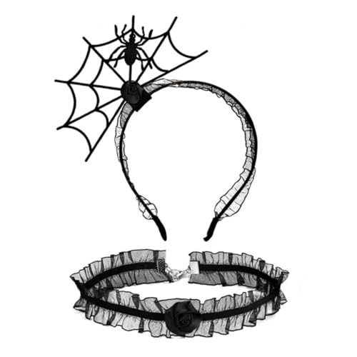 PLCPDM Punk Spinnennetz Form Haarband und Cosplay Spitze Choker Set Halloween Zubehör für Frauen Mädchen Karneval Party Supplies von PLCPDM