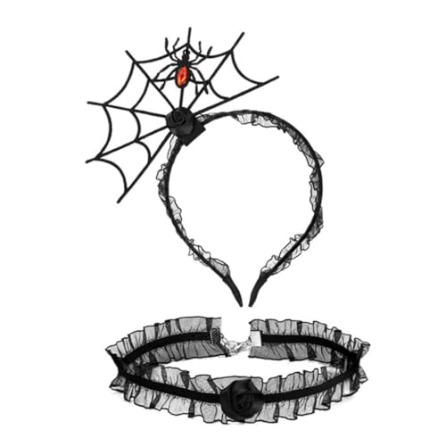 PLCPDM Punk Spinnennetz Form Haarband und Cosplay Spitze Choker Set Halloween Zubehör für Frauen Mädchen Karneval Party Supplies von PLCPDM