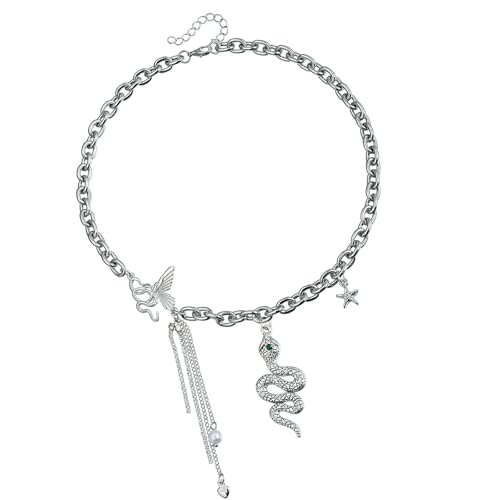 PLCPDM Punkstile Halskette Mit Schlange Einzigartiger Gotischer Schlangenhänger Halskette Mit Schmetterling Quasten Für Einen Stilvollen Look Quasten Collarbone Kette von PLCPDM