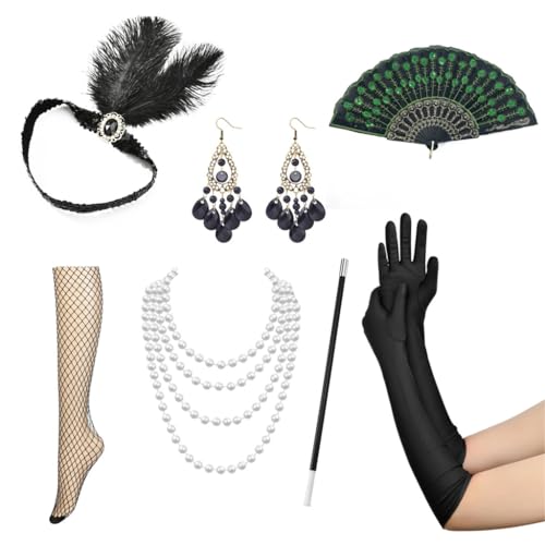 PLCPDM Retro Stirnband Handschuhe Set 1920er Jahre Kostüm Zubehör für Frauen mit Stirnband Satins Handschuhe Kunstperlenkette von PLCPDM