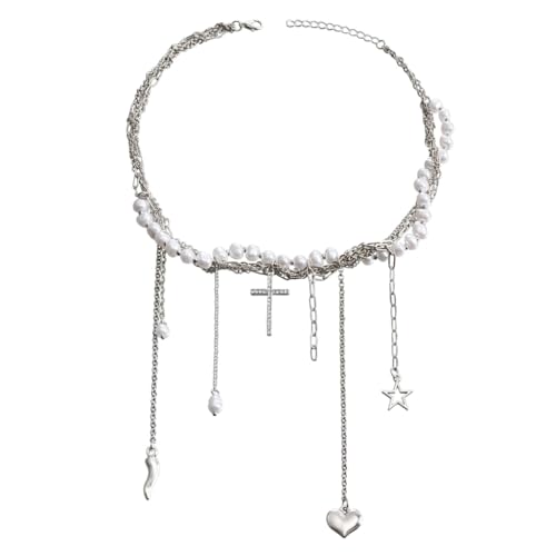 PLCPDM Schicke mehrlagige Perlen-Halskette mit unverwechselbarer Charm-Kette, Choker-Halskette, Modeschmuck, Geschenk für Frauen und Mädchen, Wie abgebildet von PLCPDM