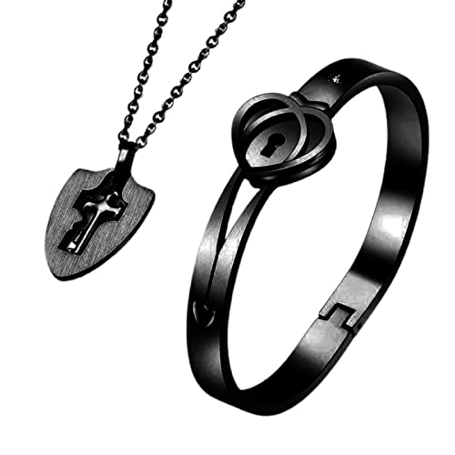 PLCPDM Schloss-Armband und Schlüssel-Halskette für Titanstahl, Paare, Schmuck, romantisch, für Valentinstag, Geburtstag, Weihnachten, Siehe Abbildung von PLCPDM