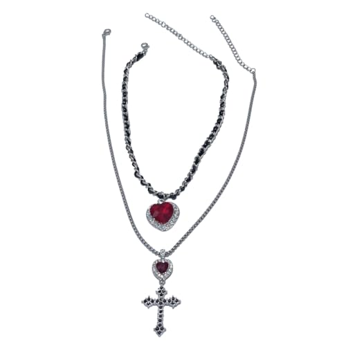 PLCPDM Schlüsselbein-Kette, weiblicher Kreuz-Anhänger, Halskette/Ohrringe, coole rote Herz-Halskette/Ohrring, Modeschmuck für Mädchen, Siehe Abbildung von PLCPDM