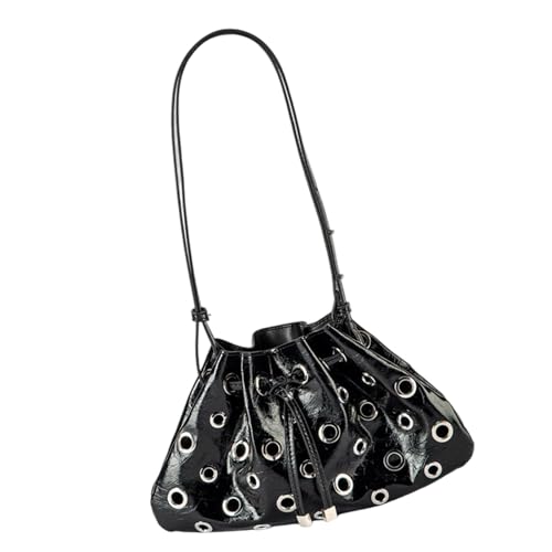 PLCPDM Stilvolle Beuteltasche mit Hohlnieten, Kordelzug, elegante PU-Leder-Unterarmtasche, trendige Schultertasche für Damen und Mädchen, luxuriöse Handtasche mit Kordelzug, Schwarz , One Size von PLCPDM
