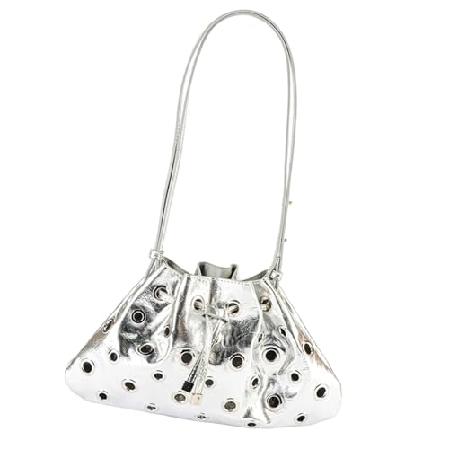 PLCPDM Stilvolle Beuteltasche mit Hohlnieten, Kordelzug, elegante PU-Leder-Unterarmtasche, trendige Schultertasche für Damen und Mädchen, luxuriöse Handtasche mit Kordelzug, silber, One Size PLCPDM Stilvolle Beuteltasche mit Hohlnieten, Kordelzug, elegante PU-Leder-Unterarmtasche, trendige Schultertasche für Damen und Mädchen, luxuriöse Handtasche mit Kordelzug, silber, One Size von PLCPDM