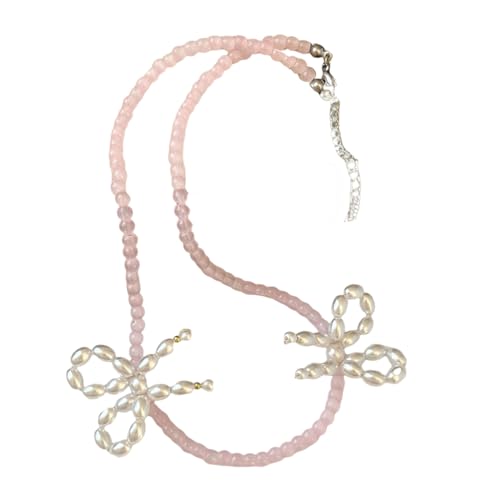 PLCPDM Süßer und stilvoller Schleifen-Schmuck aus Kunstharz, elegante rosa Perlen-Halskette/Armband/Ringe/Ohrringe mit Perlenschleife, Siehe Abbildung von PLCPDM